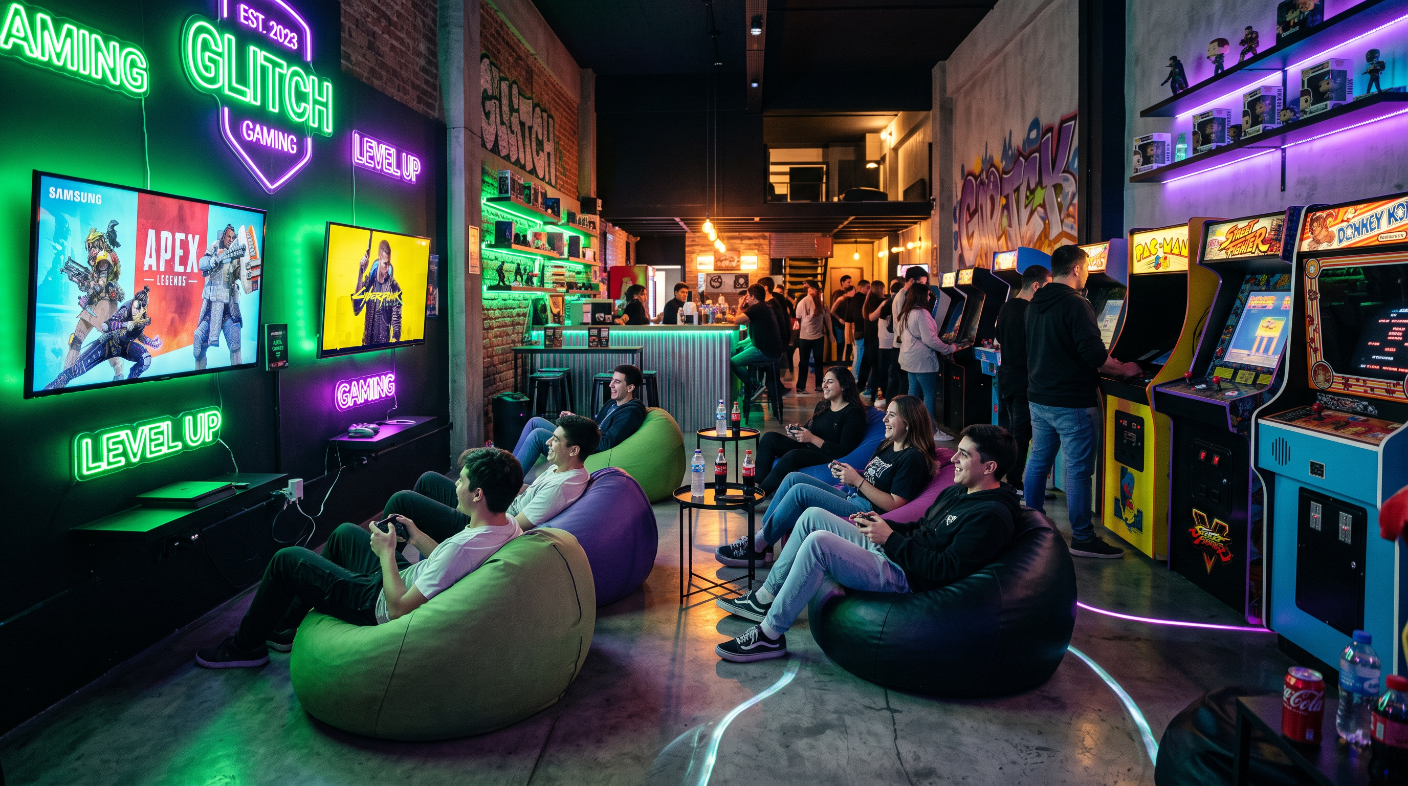 Zona lounge interior de OyunZone con iluminación neon y máquinas arcade